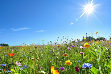 Luminous flower meadow with sunbeams and a clear blue sky Creating a picturesque and vibrant nature scene ideal for summer and spring themes