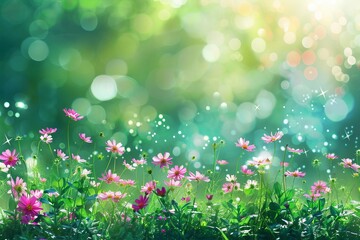 Obraz na płótnie Canvas Lush flower meadow bathed in sunlight and bokeh lights Creating a dreamy and vibrant summer scene Perfect for nature-inspired designs and messages