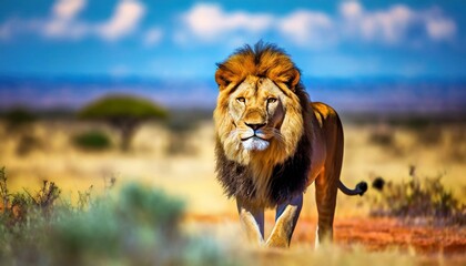 Lion in the savanna african wildlife landscape.