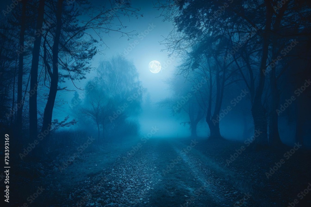 Wall mural mysterious fog rolling through a spooky forest under moonlight casting an eerie glow on the path per