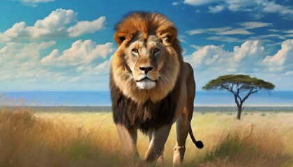 Lion in the savanna african wildlife landscape. 