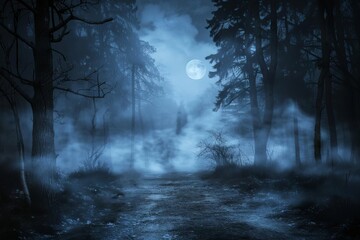 Mysterious fog rolling through a spooky forest under moonlight Casting an eerie glow on the path Perfect for a mystical or halloween-themed setting