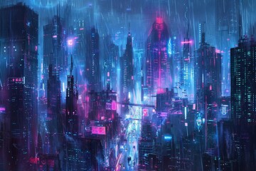 Neon cyberpunk cityscape With futuristic skyscrapers and digital rain Embodying advanced technology and urban dystopia