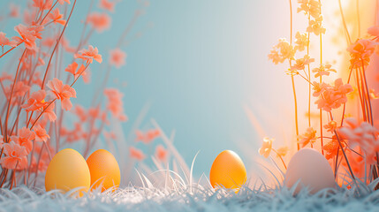 Delicate and elegant pastel Easter eggs composition. Easter eggs in dreamy field of delicate coral-colored flowers, nestled in soft grass. Dawn of Easter. Easter holiday concept.