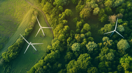 Drone Shot of Wind Turbines in Verdant Forested Landscape