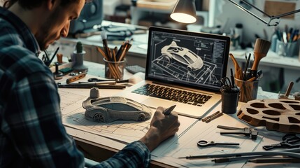 An industrial designer meticulously works on a prototype design in a workshop surrounded by various drafting tools and sketches. AIG41