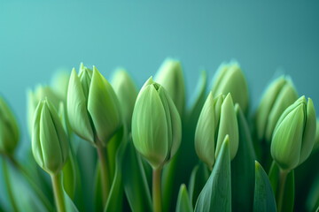 Beautiful bouquet of green tulip buds ready to bloom creates a fresh and airy feeling of the birth of spring. Romantic bouquet for birthdays, Valentine's day, Woman's Day or other celebrations.