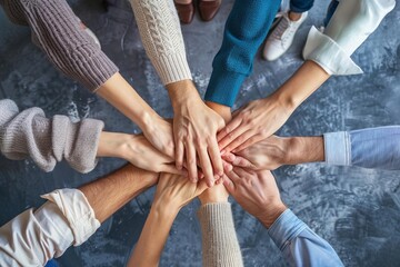 Teamwork and unity concept with diverse hands coming together over a corporate background Panoramic view symbolizing collaboration and support