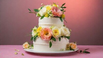 Obraz na płótnie Canvas Two-tiered white wedding cake decorated with color cream flowers on a pink background