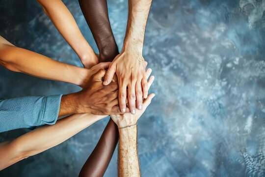 Teamwork and unity concept with diverse hands coming together over a corporate background Panoramic view symbolizing collaboration and support