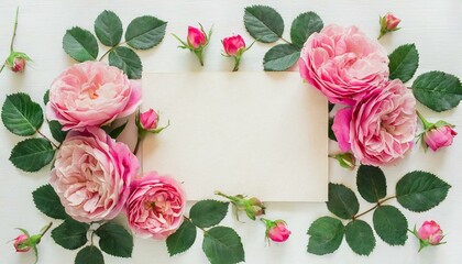 Floral frame of pink roses and paper card for calligraphy on white background. Flat lay, top view. Art background. 