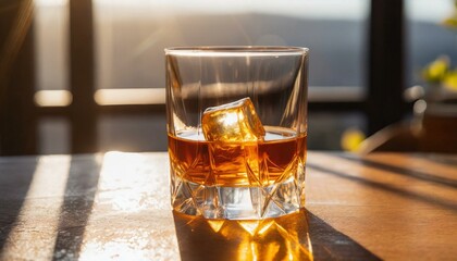 Whisky drink scotch whisky on a table with sun light