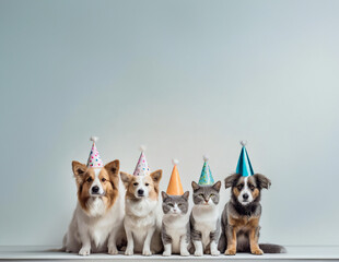 Line of dogs and cats wearing party hats, minimalist background, space for copy