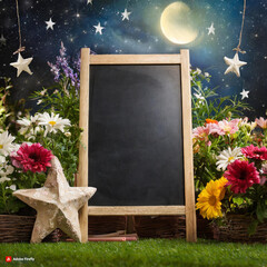 A blank blackboard at night with flowers, moon, stars, star-shaped cushion and full moon