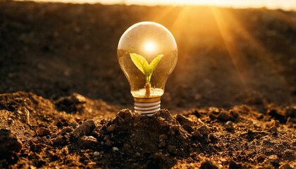 Lightbulb with small plant on soil and sunshine. concept saving energy in nature. Environmental protection concept.