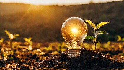 Lightbulb with small plant on soil and sunshine. concept saving energy in nature. Environmental protection concept.