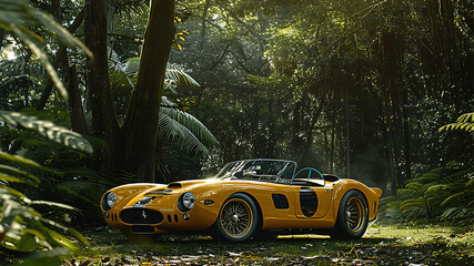 3D rendering of a yellow vintage sports car in the jungle.