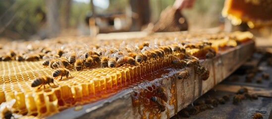 Preparing to extract honey from a division board hive. - obrazy, fototapety, plakaty