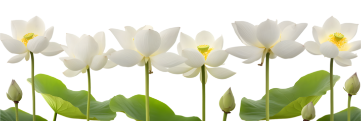 Row of white lotus flowers in full bloom and buds, with green leaves at the bottom, all against a black background