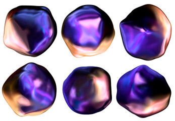 Fluid iridescent 3D blobs. Set of 6 design elements. PNG format with transparency.