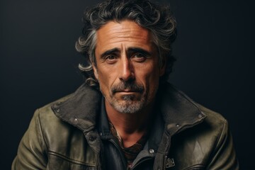 Portrait of a serious mature man in a leather jacket. Men's beauty, fashion.