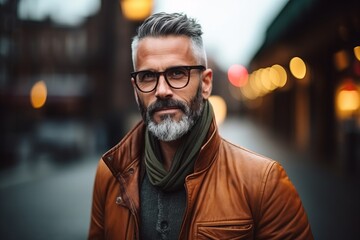 Portrait of a handsome middle-aged man with gray beard wearing glasses and a brown jacket in a city street. - obrazy, fototapety, plakaty