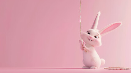 Animated Easter Bunny Elegance: Posing with Rope, Solid Pastel Backdrop, Whimsical Charm in a Playful 