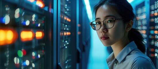 Asian woman configuring firewall and database in IT server room, implementing software update for tech industry and cybersecurity. - obrazy, fototapety, plakaty