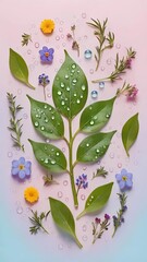 compositions featuring water droplets on leaf surfaces and floral elements arranged against pastel-colored backgrounds, evoking a sense of freshness and tranquility