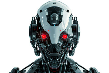 Fototapeta premium Front View of a Realistic Exoskeleton Cyborg male face PNG isolated on white and transparent background - sci-fi technology concept