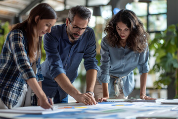 Diverse group of professionals collaborating over documents in a bright modern office.