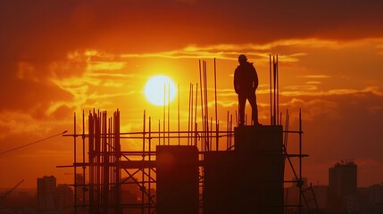 Heroic Silhouette, A construction worker silhouetted against a dramatic sunset, standing atop a completed skyscraper framework, generative AI