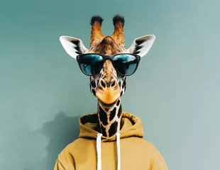 Fototapeten Cool animal portrait, giraffe wearing a hoodie and sunglasses, minimalist background  © mollyeh