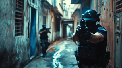 Obraz premium Action Hero, A policeman in action, chasing a suspect through an alleyway, gun drawn but aiming strategically, generative AI