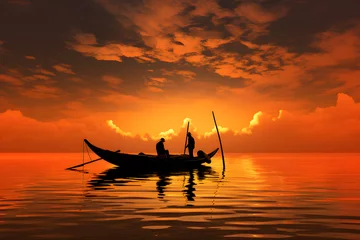 Tuinposter Solitary Moments: An Engaging Depiction of a Fisherman Immersed in his Craft against a Vibrant Sunset © Lura
