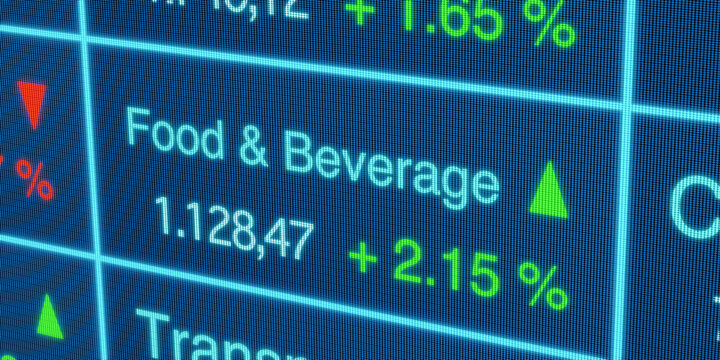 Food and Beverage sector stock index. Stock market data, food and beverage stocks price information and percentage changes, blue screen. Stock exchange, business, trading board. 3D illustration