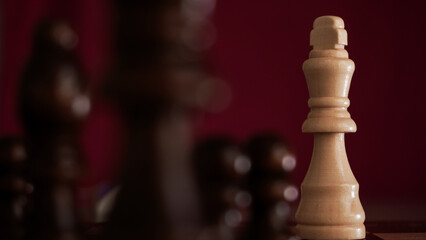 chess pieces on a wooden board in confrontation for the match