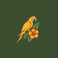 A logo illustration of a yellow parrot with tropical flowers on green background. Created with generative AI.