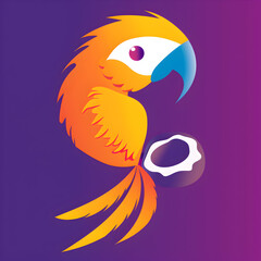 A logo illustration of an orange parrot with a coconut on purple background. Created with generative AI.