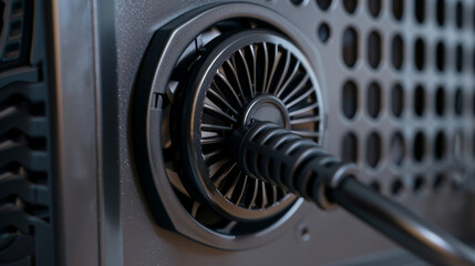 The power cord neatly coiled and tucked away in a holder on the back of the fan.