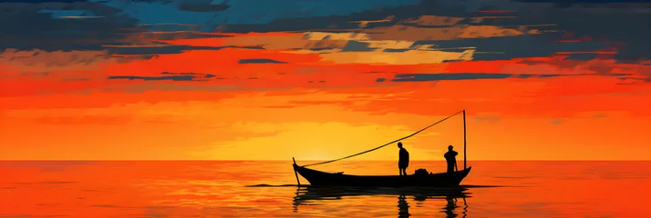 Fotobehang Solitary Moments: An Engaging Depiction of a Fisherman Immersed in his Craft against a Vibrant Sunset © Lura