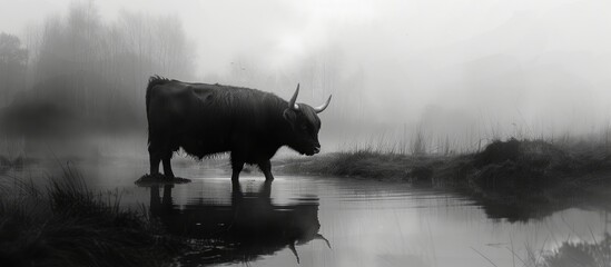 Misty morning with a black highland cow. - obrazy, fototapety, plakaty