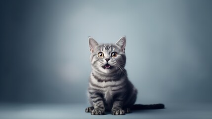 urprised cat covering his mouth with his paws on a grey background. Copy space