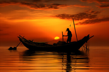 Solitary Moments: An Engaging Depiction of a Fisherman Immersed in his Craft against a Vibrant Sunset