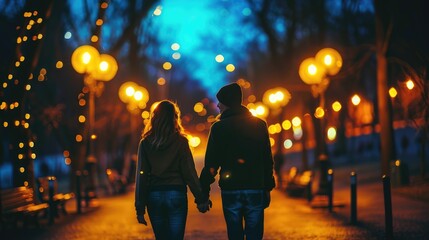 Man and woman holding hands walking in the park at night​, AI generated Image