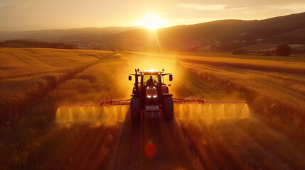 Early morning farming activity captured as a tractor sprays pesticides over a lush crop field with the sunrise in the backdrop..