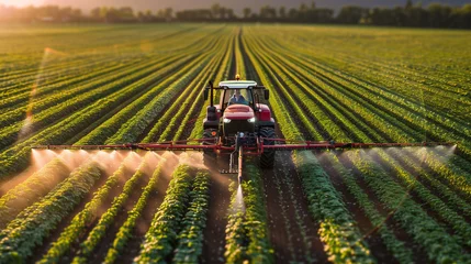 Keuken spatwand met foto Early morning farming activity captured as a tractor sprays pesticides over a lush crop field with the sunrise in the backdrop.. © Naret