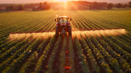 Early morning farming activity captured as a tractor sprays pesticides over a lush crop field with the sunrise in the backdrop..