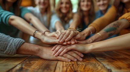 A group of business people's hands united over a wooden table, symbolizing teamwork and collaboration, with a focus on the hands and a blurred background,