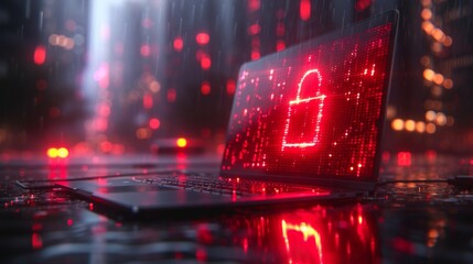 Laptop displaying a glowing virtual padlock on its screen, symbolizing data privacy and network security, set against a backdrop of digital code.